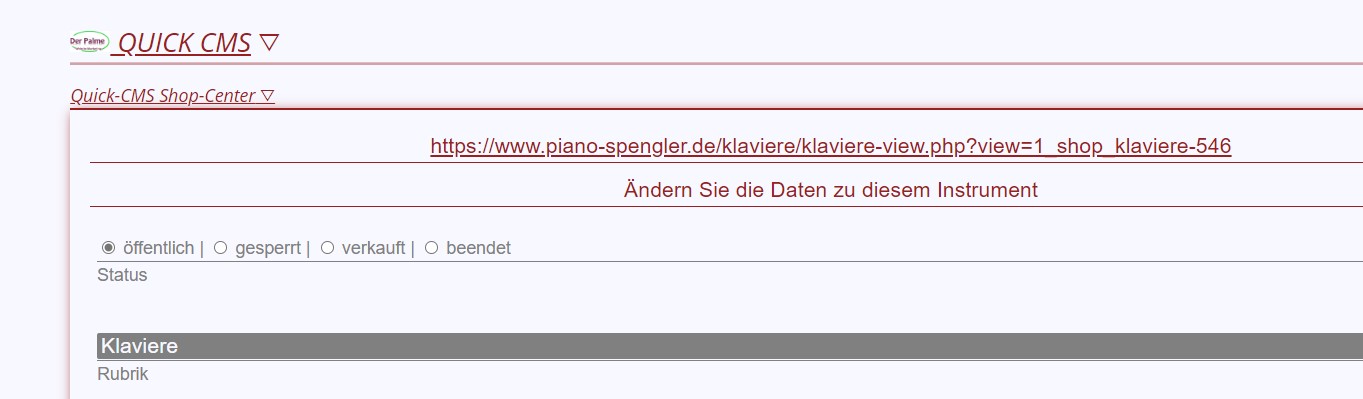 Die individuell erstellte CMS-Maske für die Instrumente mit Link, der sofort in Facebook & Co. eingestellt werden kann.